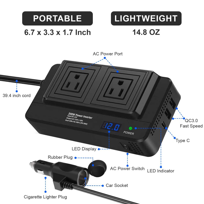 Inverter Mobil 200W, Konverter - Outdoor Power Adapter Usb C ulasan dan harga