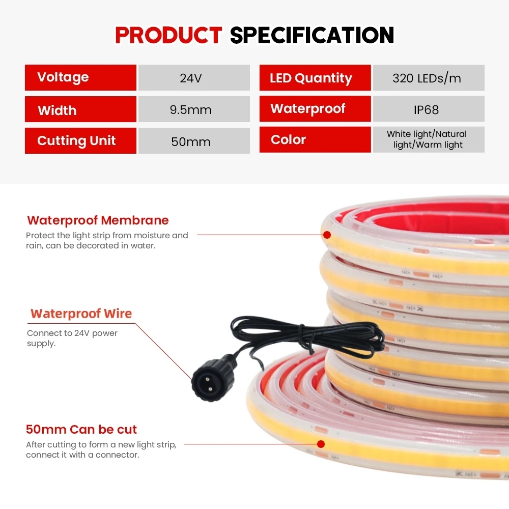 Lampu LED Strip COB 24V IP68 T - Outdoor Power Strip Weatherproof ulasan dan harga